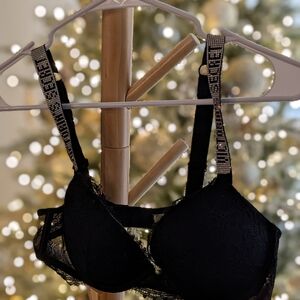 Victoria's Secret Black Lace Push Up Bra with Embellished Straps